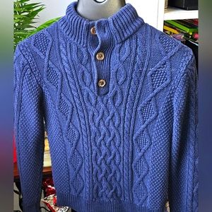GAP KIDS - SIZE "L" - BLUE CABLE KNIT SWEATER WITH SHERPA LINED COLLAR.